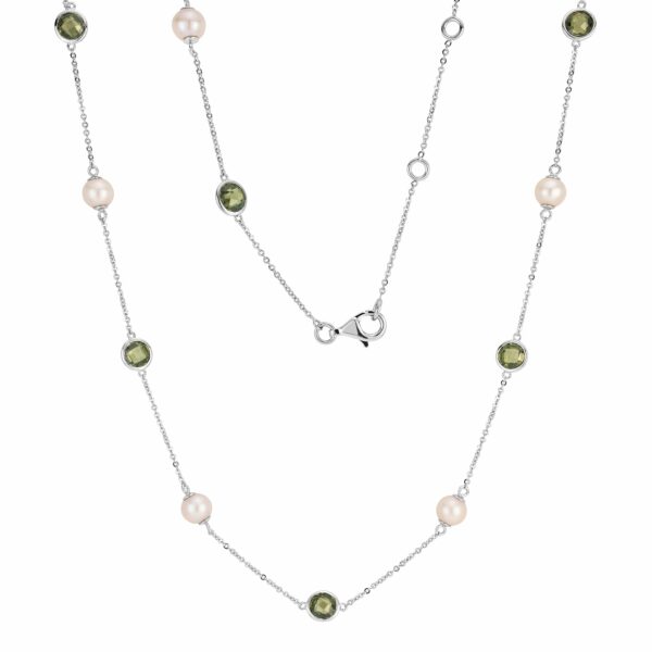 Cultured freshwater pearl and peridot simulant drop necklace in sterling silver