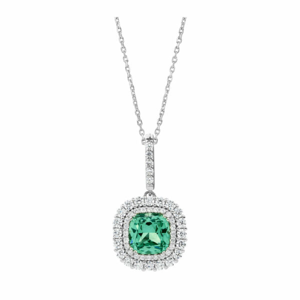 Halo necklace with ocean green simulant and 0.67 carats* of diamond simulants in sterling silver
