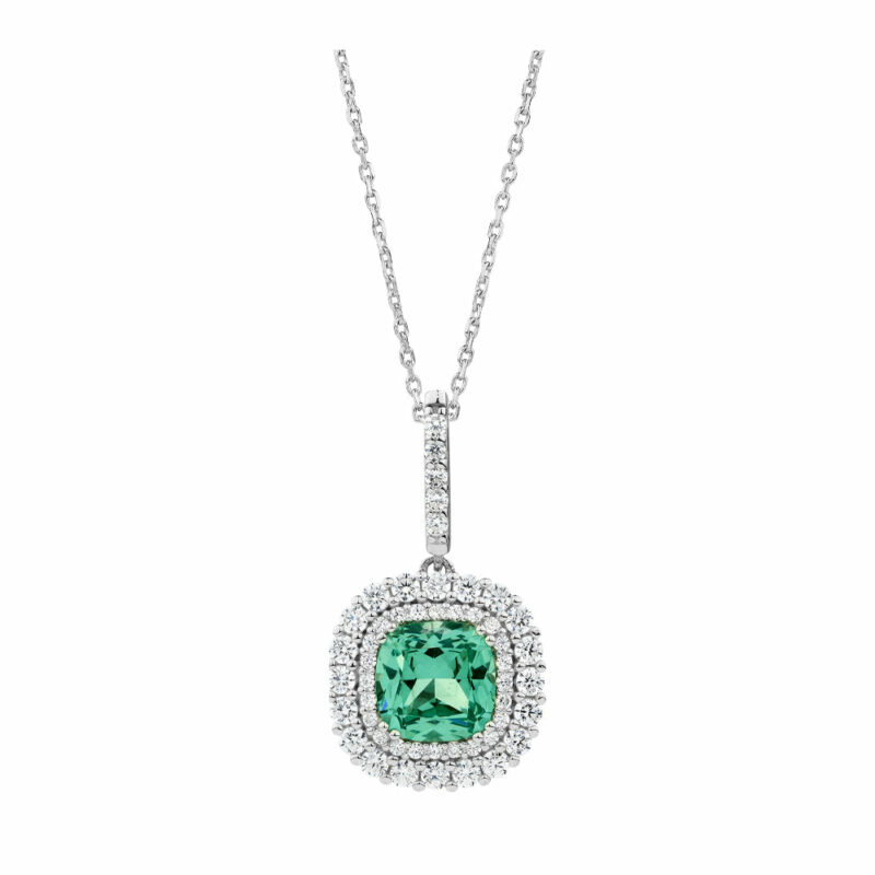 Halo necklace with ocean green simulant and 0.67 carats* of diamond simulants in sterling silver