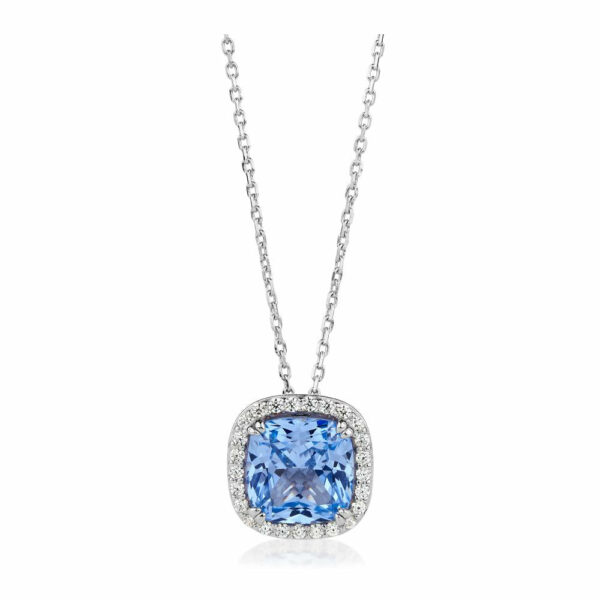 Halo necklace with blue topaz simulant and 0.22 carats* of diamond simulants in sterling silver