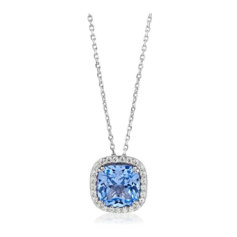 Halo necklace with blue topaz simulant and 0.22 carats* of diamond simulants in sterling silver