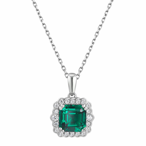 Halo necklace with emerald simulant in sterling silver