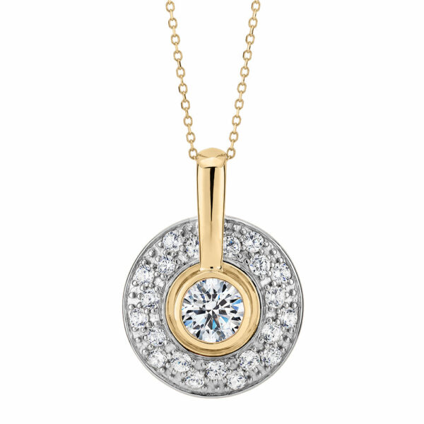 Halo pendant with 1.75 carats* of diamond simulants in 10 carat yellow gold and sterling silver