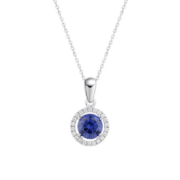 Halo pendant with tanzanite simulant and 1.13 carats* of diamond simulants in 10 carat white gold