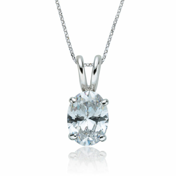 Oval solitaire pendant with 2 carat* diamond simulant in 10 carat white gold