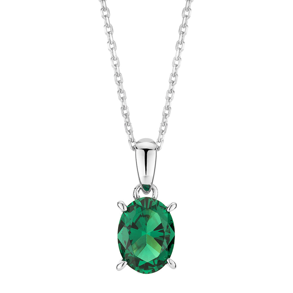 Oval and Round Brilliant solitaire necklace with emerald and diamond simulants in sterling silver