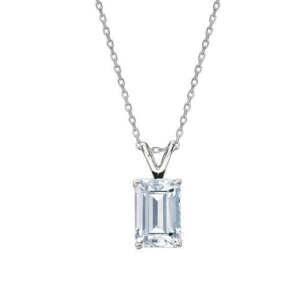 Emerald Cut solitaire pendant with 3 carat* diamond simulant in 10 carat white gold