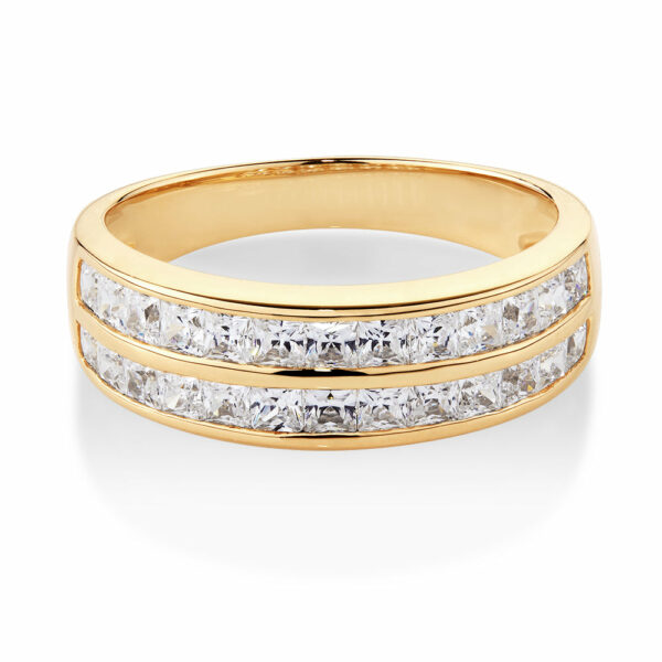 Wedding or eternity band with 1.56 carats* of diamond simulants in 10 carat yellow gold