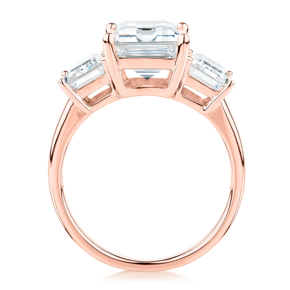 Three stone ring with 4.9 carats* of diamond simulants in 10 carat rose gold - Image 3