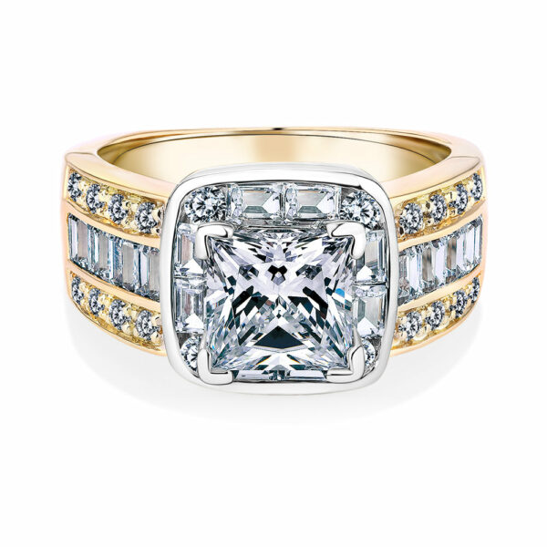 Dress ring with 3.6 carats* of diamond simulants in 10 carat yellow and white gold
