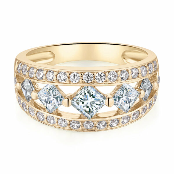 Princess Cut and Round Brilliant Dress ring with 1.71 carats* of diamond simulants in 10 carat yellow gold