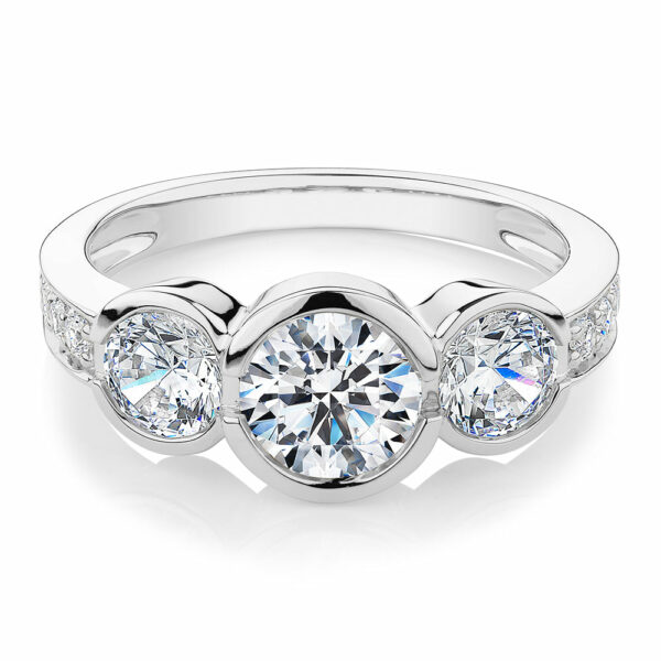 Three stone ring with 2.11 carats* of diamond simulants in 10 carat white gold