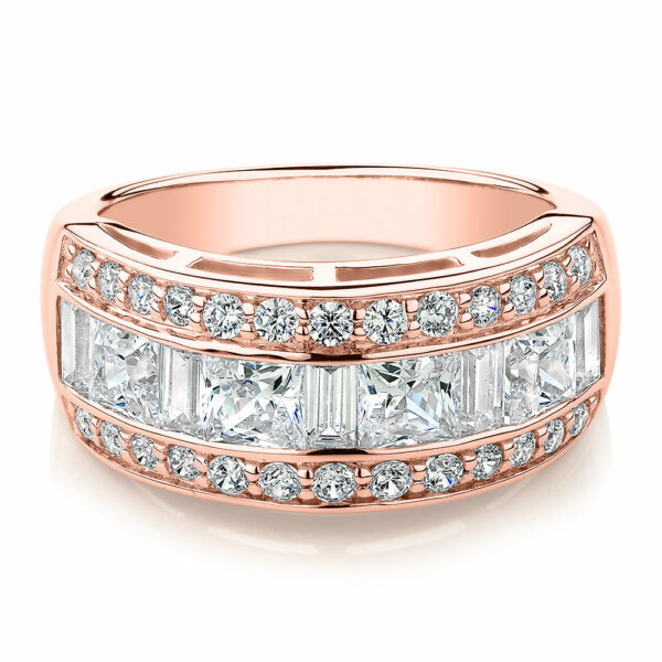 Dress ring with 2.7 carats* of diamond simulants in 10 carat rose gold