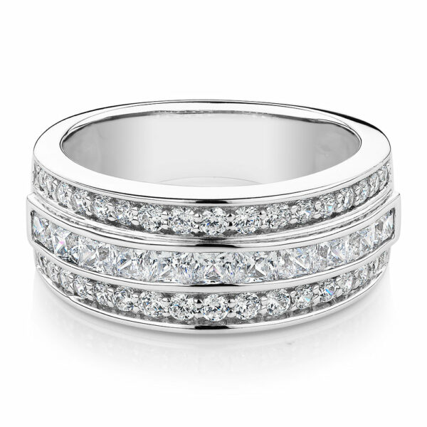 Princess Cut and Round Brilliant Dress ring with 1.62 carats* of diamond simulants in 10 carat white gold