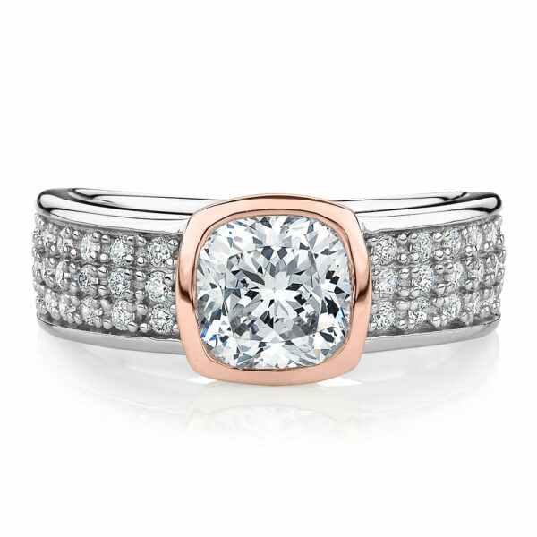 Synergy dress ring with 1.7 carats* of diamond simulants in 10 carat rose gold and sterling silver