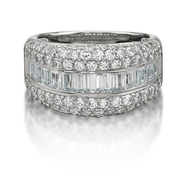 Round Brilliant and Baguette Dress ring with 2.65 carats* of diamond simulants in 10 carat white gold