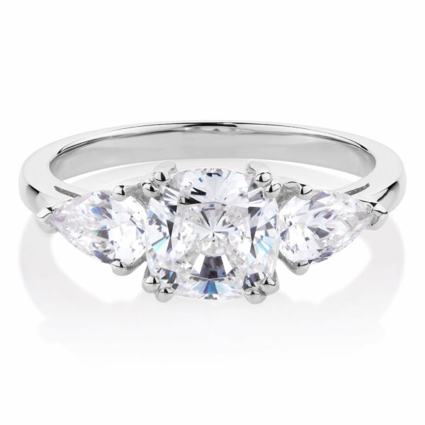 Three stone ring with 2.5 carats* of diamond simulants in 10 carat white gold