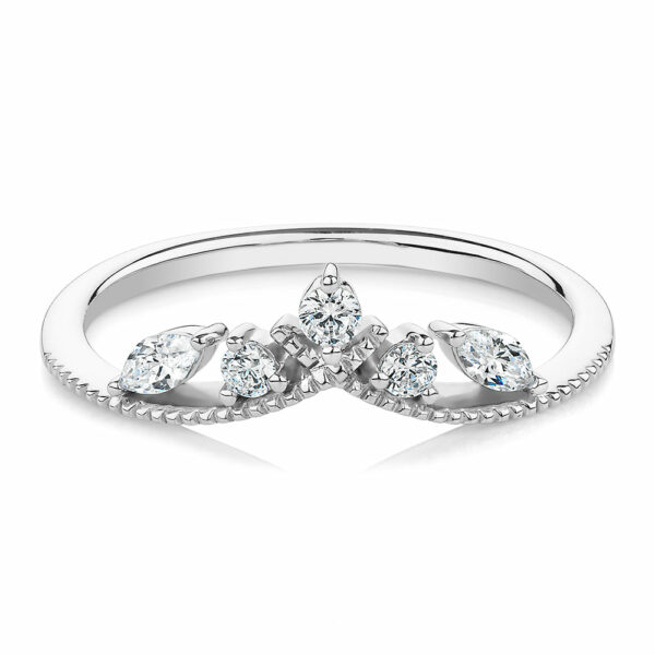 Round Brilliant curved wedding or eternity band with 0.29 carats* of diamond simulants in 10 carat white gold