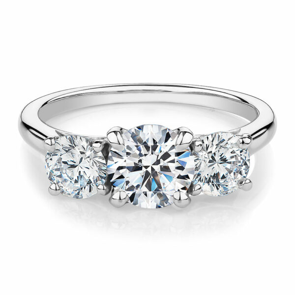 Three stone ring with 2 carats* of diamond simulants in 10 carat white gold
