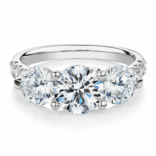 Three stone ring with 3.59 carats* of diamond simulants in 10 carat white gold