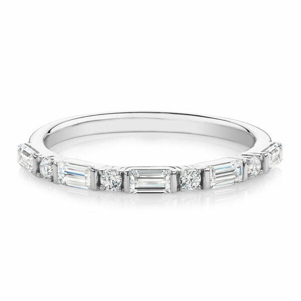 Baguette wedding or eternity band with 0.75 carats* of diamond simulants in 10 carat white gold