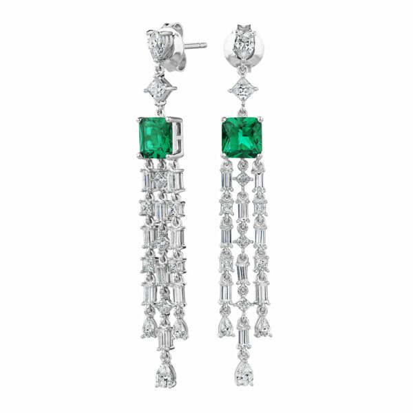 Princess Cut, Pear and Baguette drop earrings with emerald simulants and 5.44 carats* of diamond simulants in sterling silver