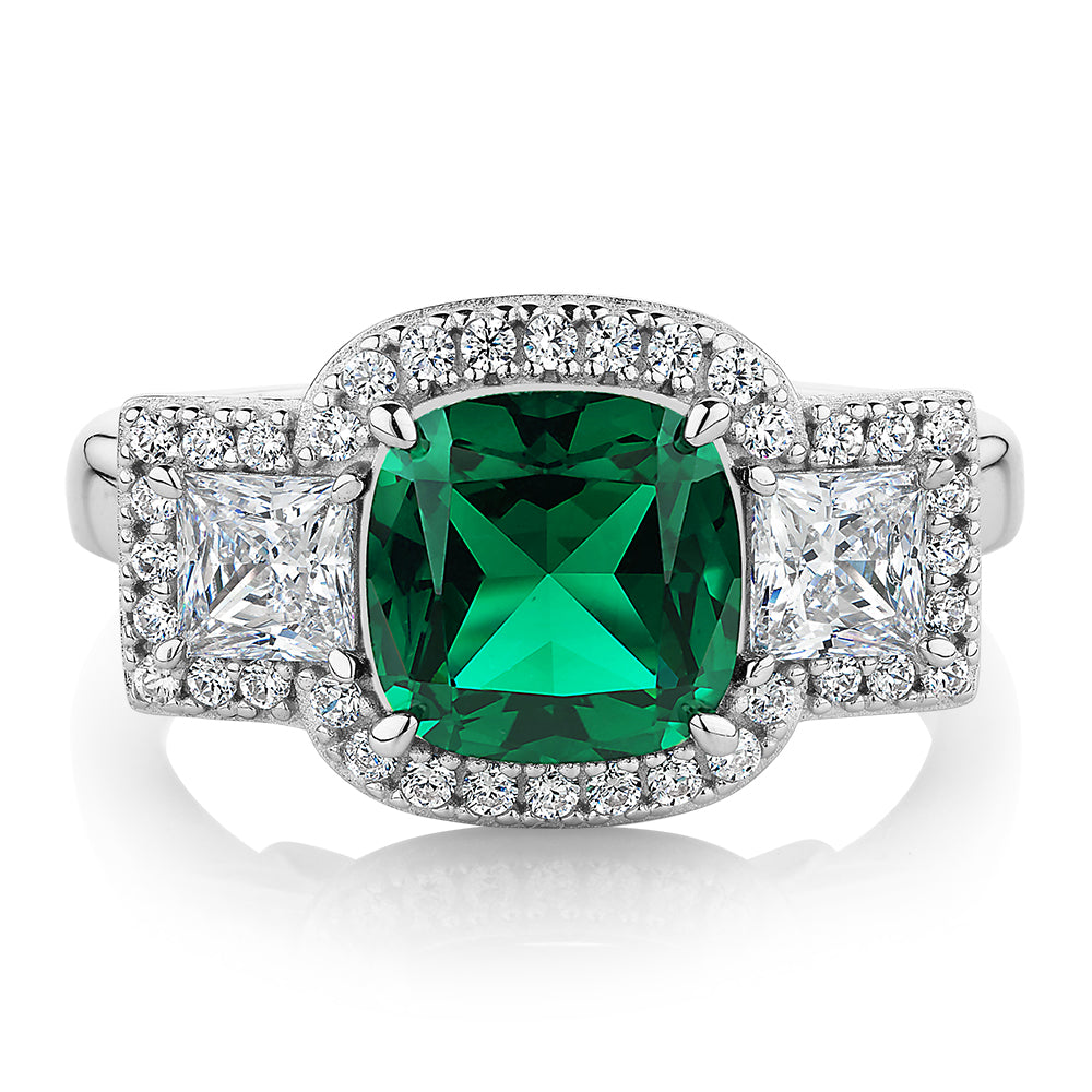 Dress ring with emerald simulant and 0.99 carats* of diamond simulants in sterling silver