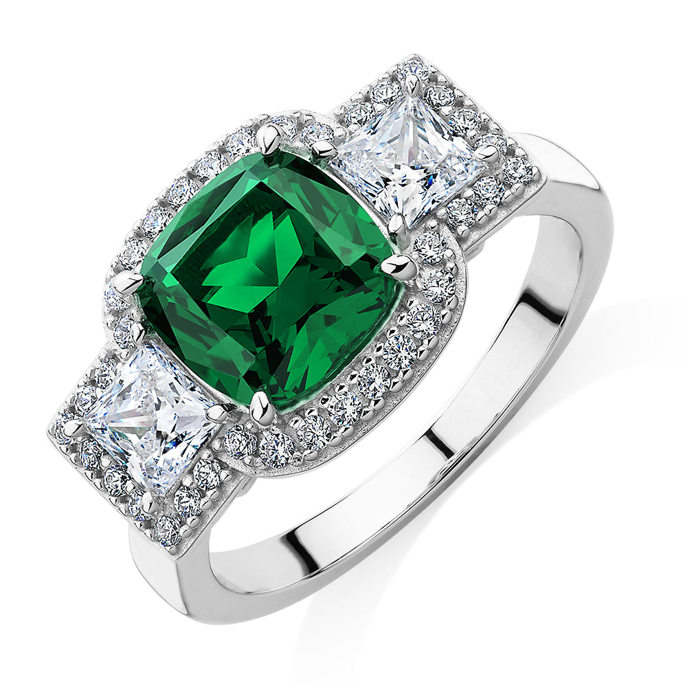 Dress ring with emerald simulant and 0.99 carats* of diamond simulants in sterling silver - Image 2