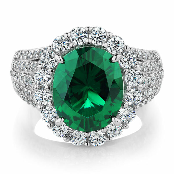 Dress ring with emerald simulant and 6.35 carats* of diamond simulants in sterling silver