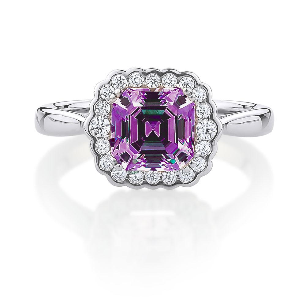 Dress ring with amethyst simulant in sterling silver