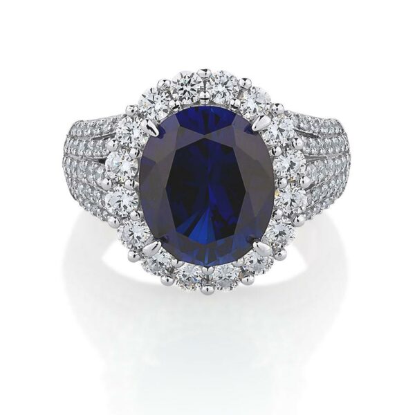 Dress ring with sapphire simulant and 1.83 carats* of diamond simulants in sterling silver