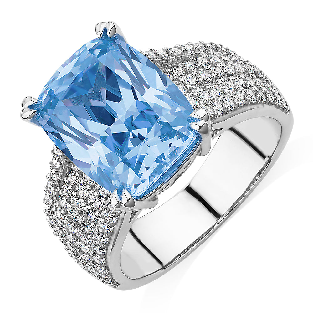 Dress ring with blue topaz simulant and 0.9 carats* of diamond simulants in sterling silver - Image 2