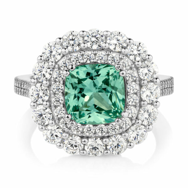 Dress ring with ocean green simulant and 1.76 carats* of diamond simulants in sterling silver