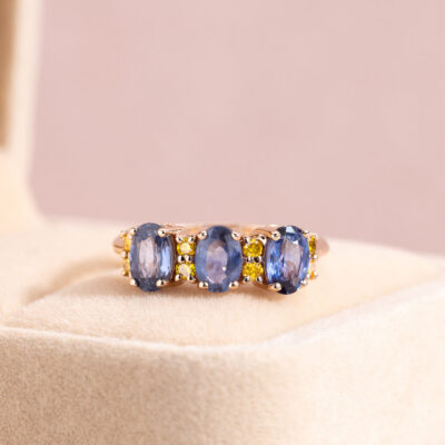 2.38 Ct Blue Sapphire & Natural Diamond Ring 14k Rose Gold Oval Three Stone SI1-I2