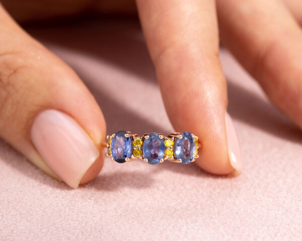 2.38 Ct Blue Sapphire & Natural Diamond Ring 14k Rose Gold Oval Three Stone SI1-I2 - Image 4