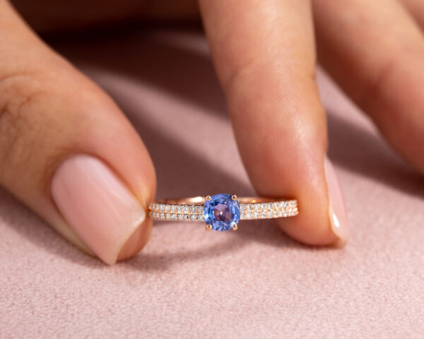 Blue Sapphire & Faint-Light Pink Diamond SI2-I1 0.90 Ct 14k Rose Gold Ring - Image 5