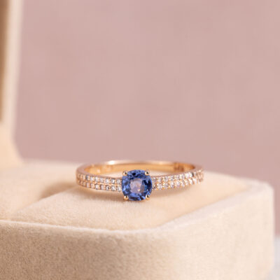 Blue Sapphire & Faint-Light Pink Diamond SI2-I1 0.90 Ct 14k Rose Gold Ring