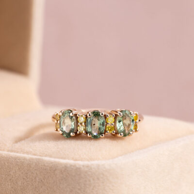 2.2 Ct Green Oval Sapphire Natural Fancy Vivid Yellow Diamond 14k Rose Gold Ring