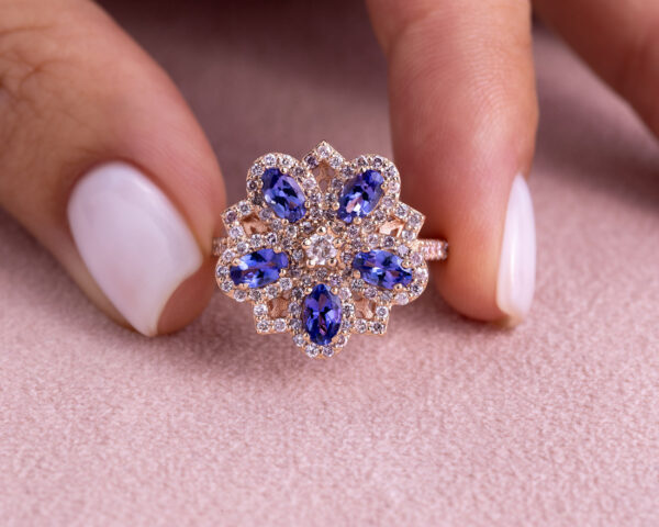 2.59 Ct Violetish Blue Tanzanite & Faint-Light Pink Diamond Round SI2-I1 14k Rose Gold Ring - Image 5