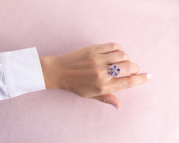 2.59 Ct Violetish Blue Tanzanite & Faint-Light Pink Diamond Round SI2-I1 14k Rose Gold Ring - Image 7