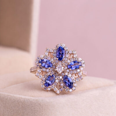 2.59 Ct Violetish Blue Tanzanite & Faint-Light Pink Diamond Round SI2-I1 14k Rose Gold Ring
