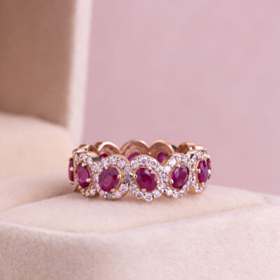 4.48 Ct Red Ruby & Natural Faint-Light Pink Diamond Round 14k Rose Gold Eternity Halo Ring