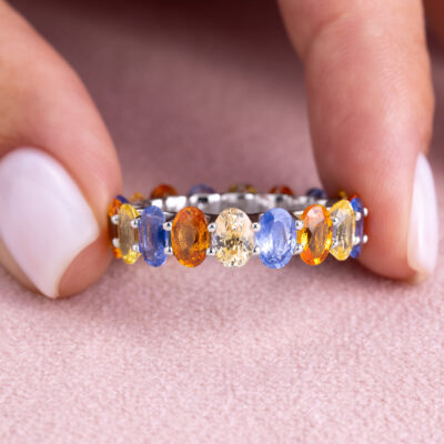 12.88 Ct Multi Color Sapphire Ring 14k White Gold Oval Transparent