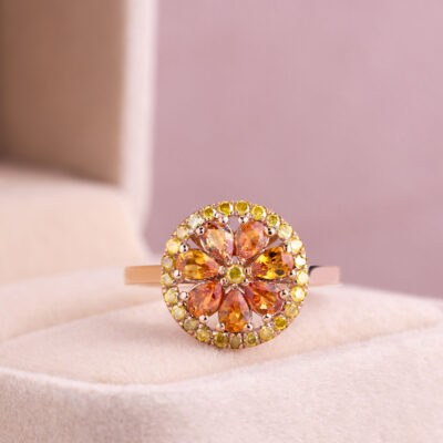 1.90 Ct Orange Sapphire & Fancy Intense Yellow Diamond SI3-I2 14k Rose Gold Ring