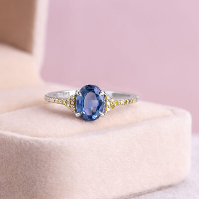 1.51 Ct Blue Sapphire & Natural Fancy Intense Yellow Diamond 14k White Gold Ring