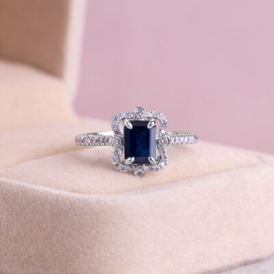 1.62 Ct Blue Sapphire & Faint-Light Pink Diamond SI2-I1 14k White Gold Halo Ring