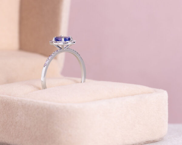 Blue Tanzanite & Natural Faint-Light Pink Diamond 0.85 Ct 14k White Gold Halo Ring - Image 2