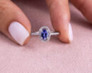 Blue Tanzanite & Natural Faint-Light Pink Diamond 0.85 Ct 14k White Gold Halo Ring