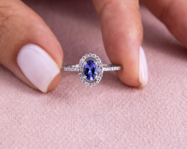 Blue Tanzanite & Natural Faint-Light Pink Diamond 0.85 Ct 14k White Gold Halo Ring - Image 5