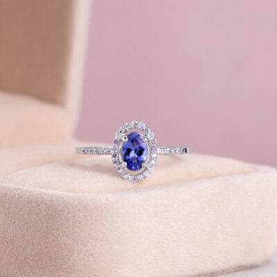 Blue Tanzanite & Natural Faint-Light Pink Diamond 0.85 Ct 14k White Gold Halo Ring